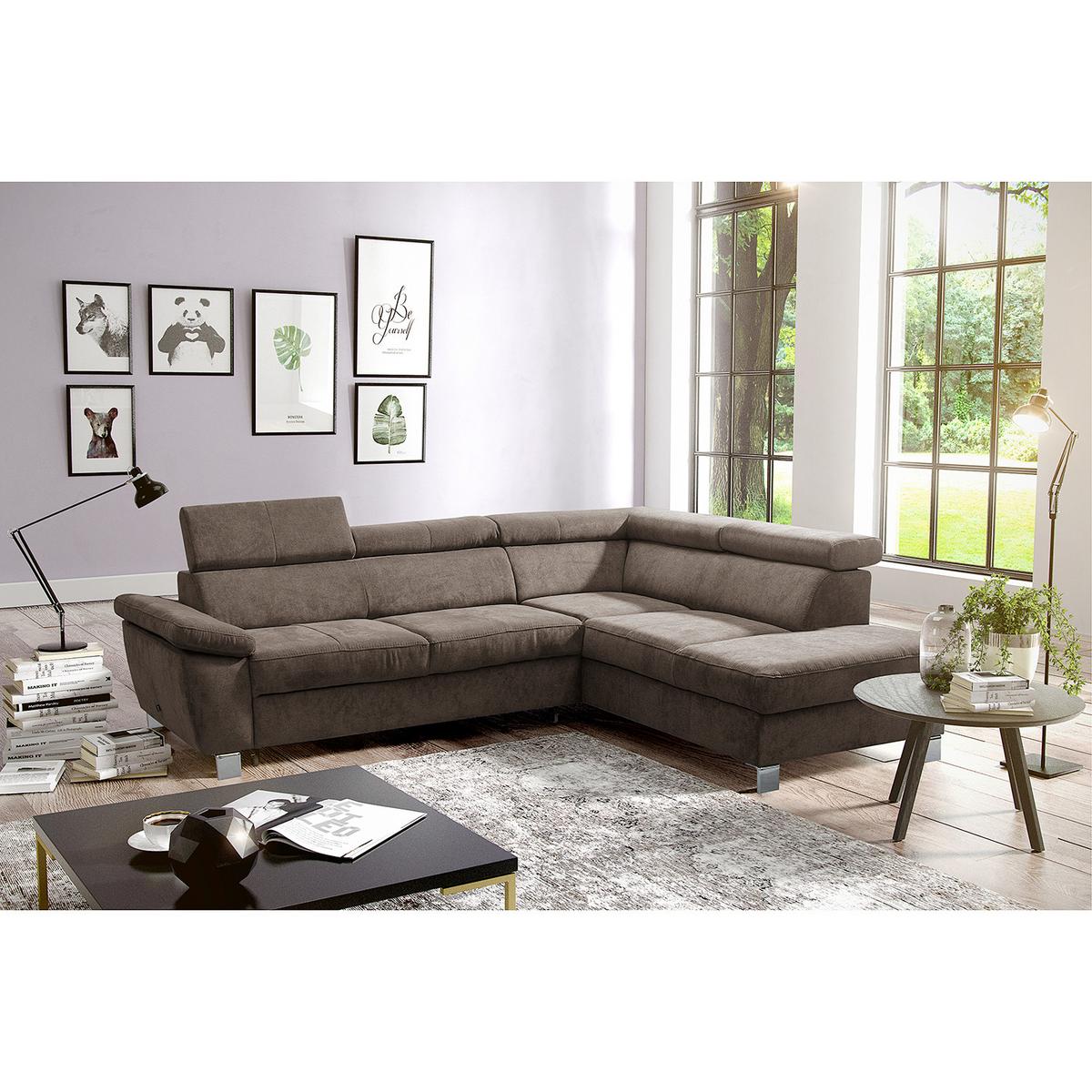 Ecksofa Lugano Mikrofaser Dunkelbraun 248x208 - Chromfarben/Dunkelbraun, Design, Textil (248/208cm) - Livetastic