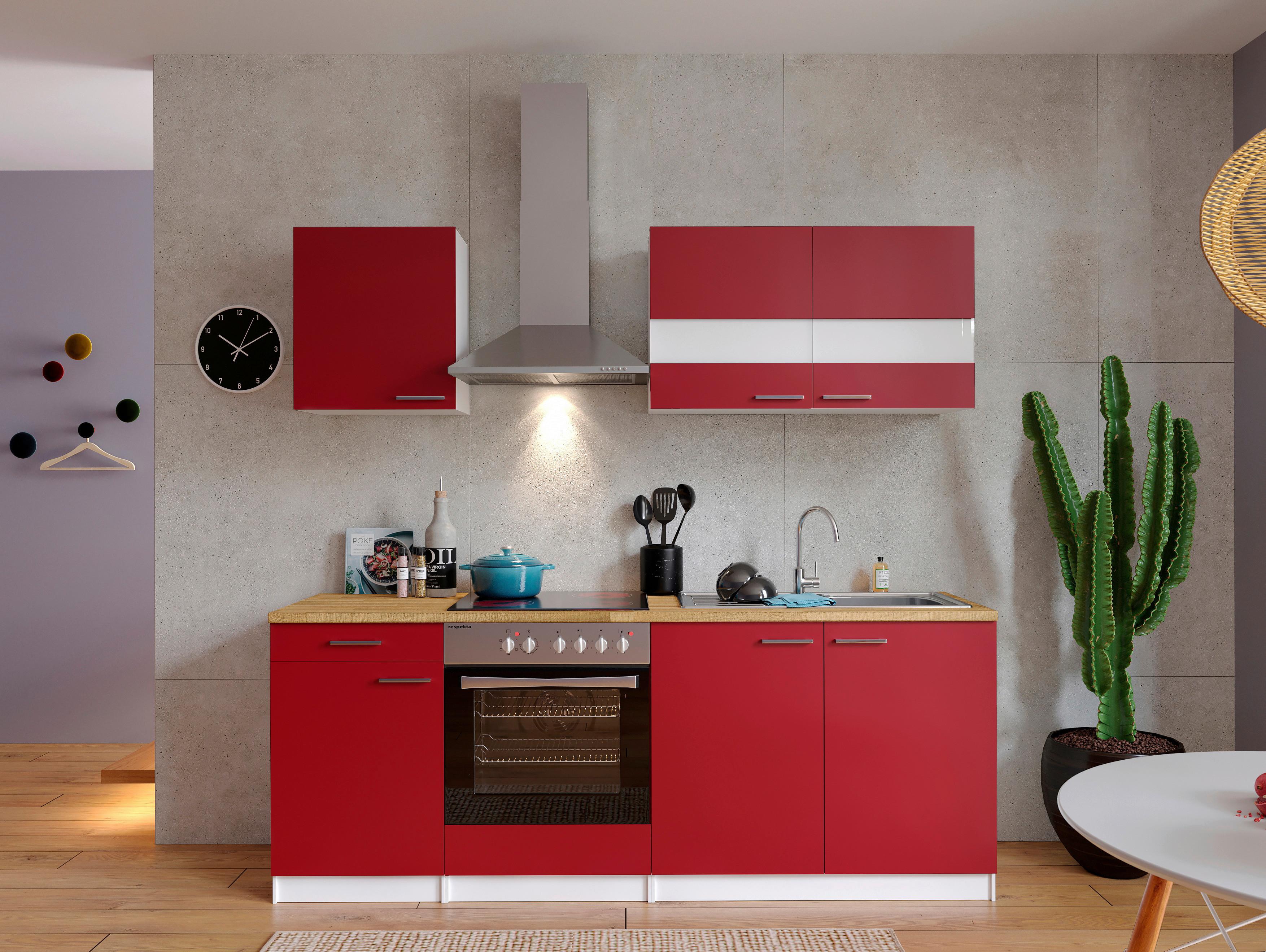 Küchenzeile Economy mit Geräten 210 cm Rot/Nussbaum Dekor - Rot/Nussbaumfarben, Basics, Holzwerkstoff (210cm) - Respekta