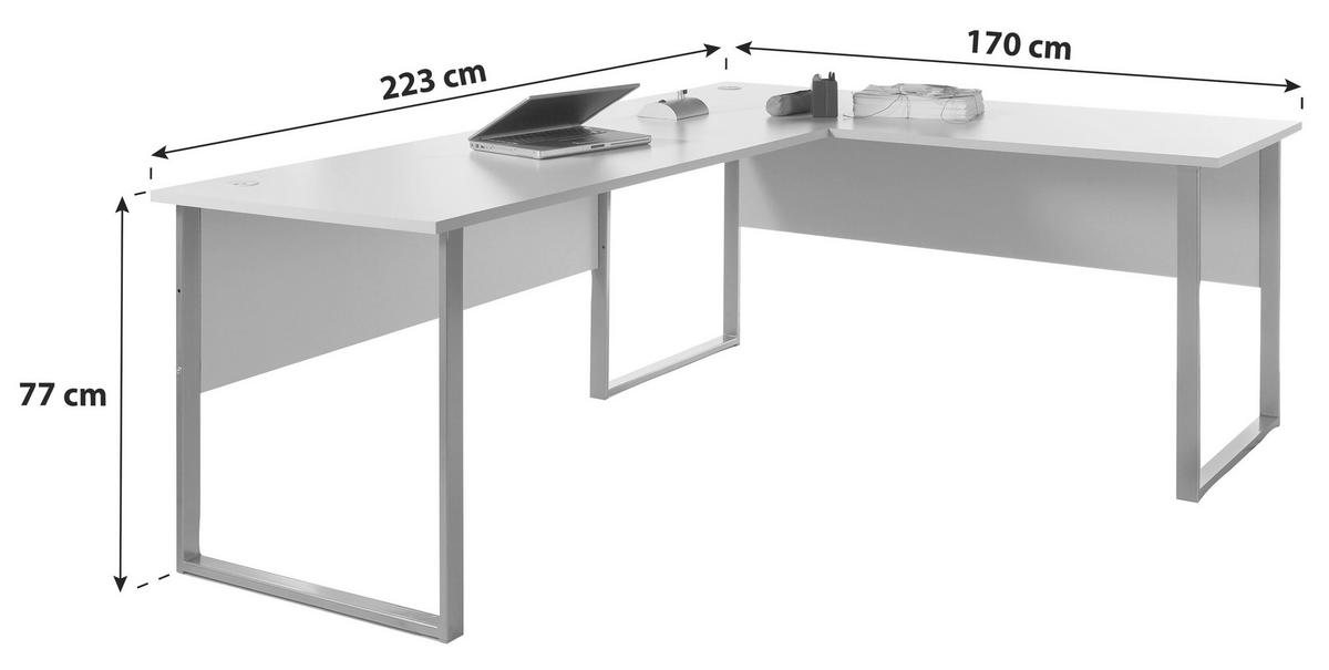 Eckschreibtisch B 223cm H 77cm Office Lux, Lichtgrau - Hellgrau/Alufarben, Design, Holzwerkstoff/Metall (170+223/77/73cm) - MID.YOU