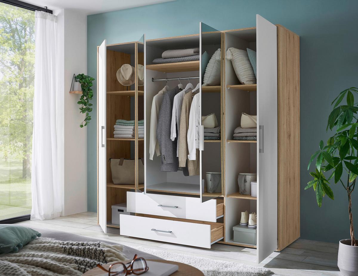 Kleiderschrank M. Spiegel 4trg Lembo Artisan Eiche/weiß 206cm - Weiß/Eiche Artisan, Basics, Glas/Holzwerkstoff (206/195/60cm)