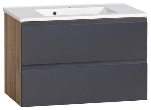 Waschbecken mit Unterschrank Varese B: 80 cm Grau/Eiche - Eiche Wotan/Weiß, MODERN, Holzwerkstoff/Stein (80cm) - Held
