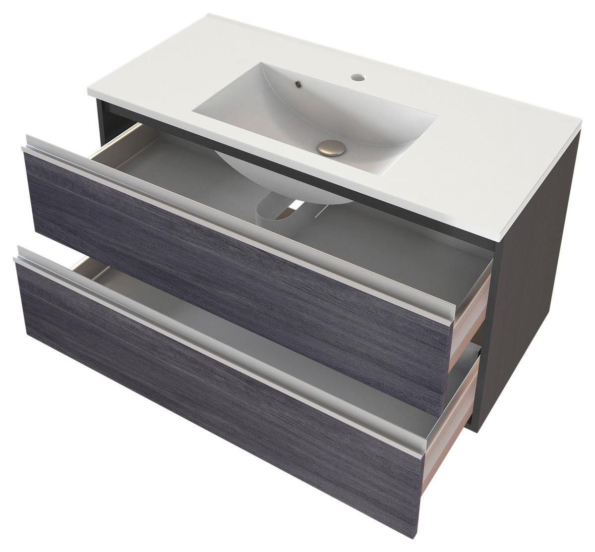 Badmöbel-Set 3-Tlg. inkl. LED Arezzo B: 100cm, Eiche Dekor - Eichefarben/Silberfarben, Basics, Holzwerkstoff/Stein (100cm) - Held