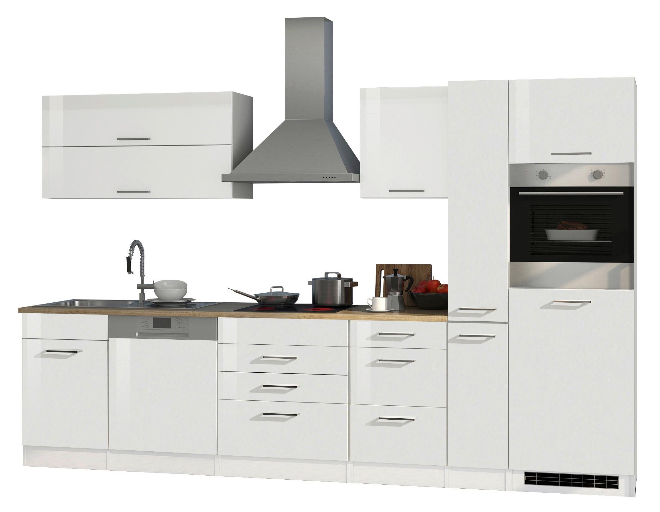 Küchenzeile Mailand M. Geräten 330 Cm Weiß Hochglanz - Weiß Hochglanz/Eichefarben, MODERN, Holzwerkstoff (330cm) - Held