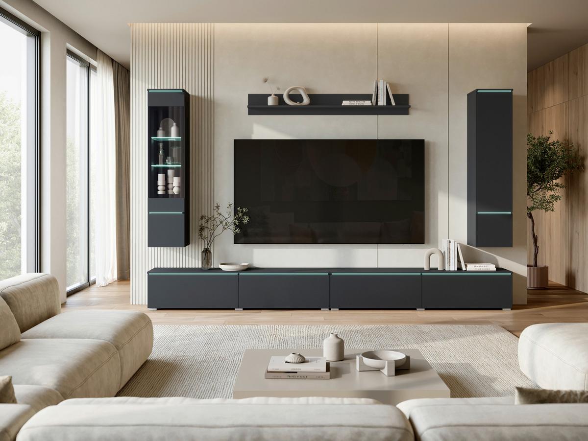 Wohnwand Vera Xxl Schwarz Matt B: 300cm - Schwarz/Grau, Basics, Glas/Holzwerkstoff (300/162/33cm) - P & B