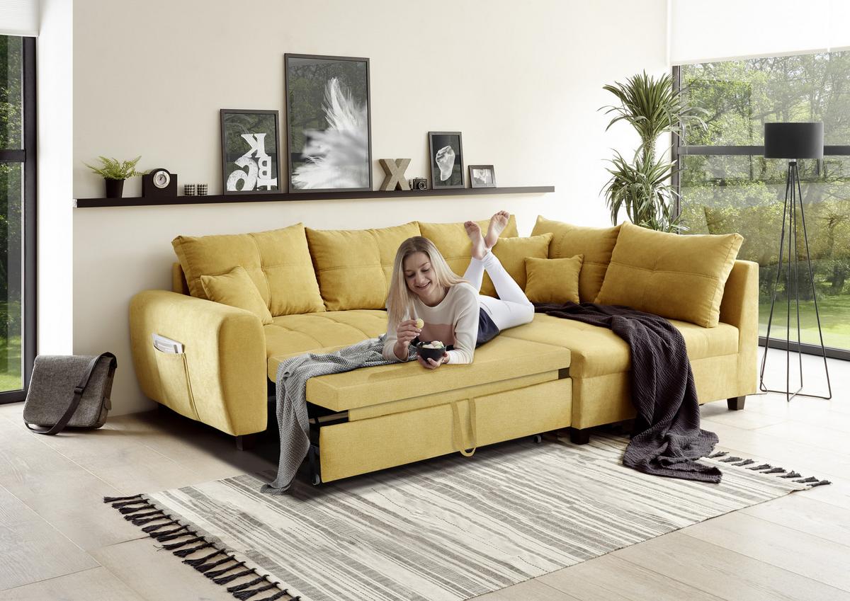 Ecksofa Mit Schlaffunktion + Kissen Lea, Polyester-Nylon - Gelb/Schwarz, Basics, Holzwerkstoff/Textil (248/176cm) - MID.YOU