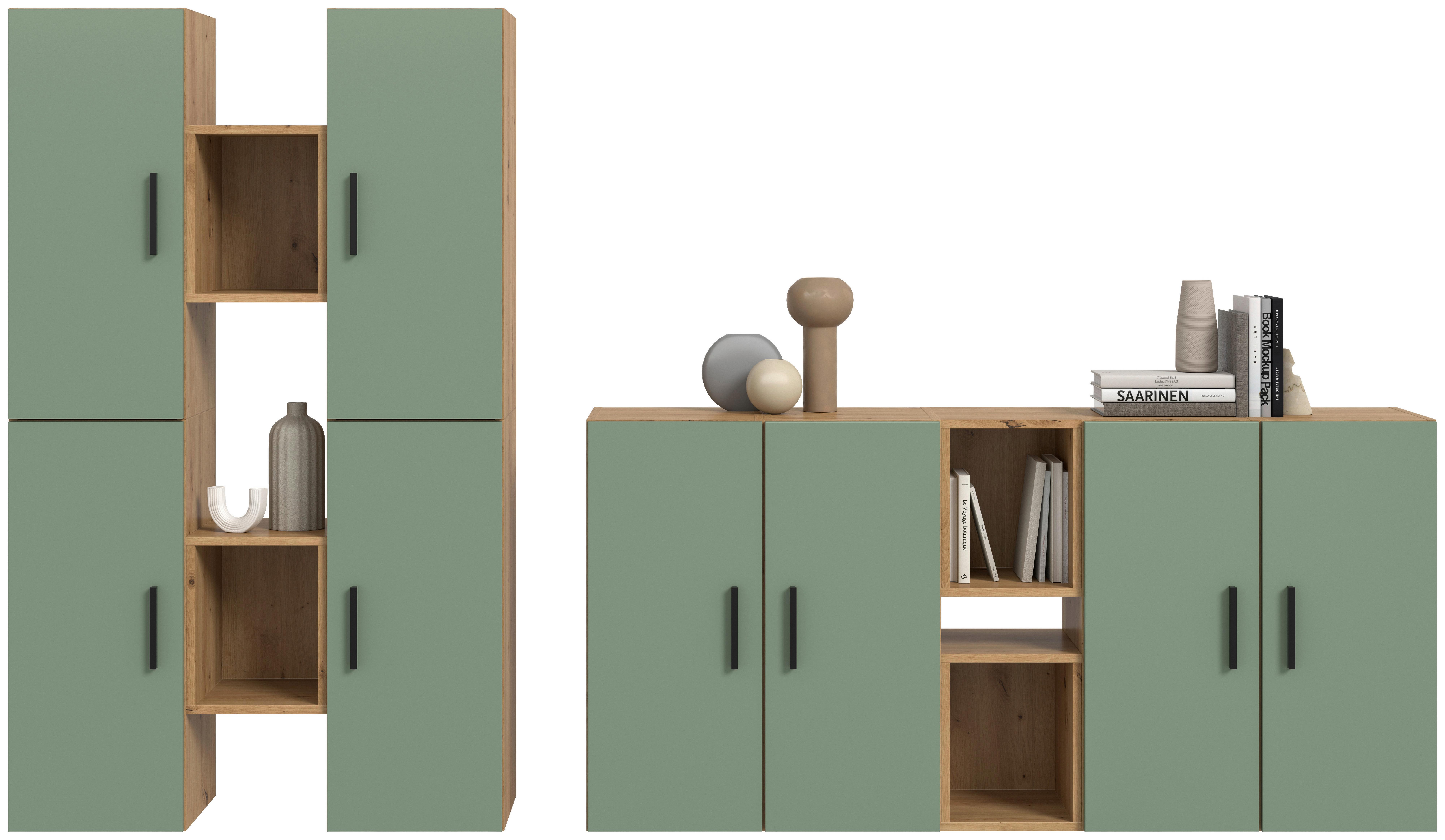 Wohnwand, The ONE 5, B: 270 cm Olivgrün/Artisan Eiche Dekor - Schwarz/Weiß, Trend, Holzwerkstoff (270/182/34cm)