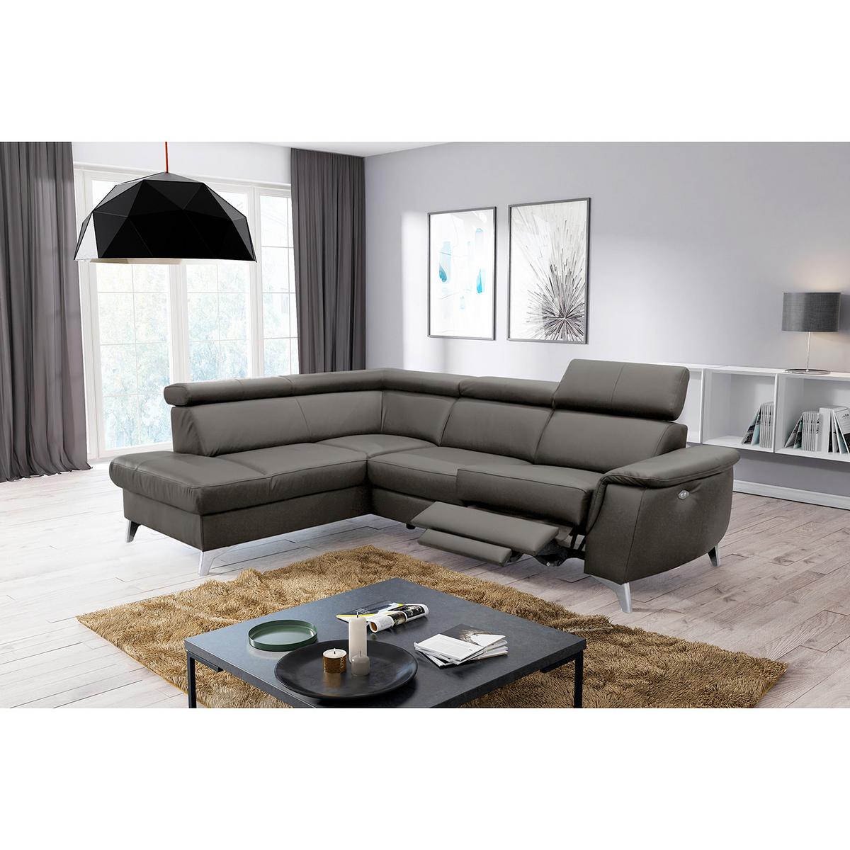 Ecksofa Lince Dunkelbraun S: 197x257 cm - Chromfarben/Dunkelbraun, Design, Leder/Textil (197/257cm) - Livetastic