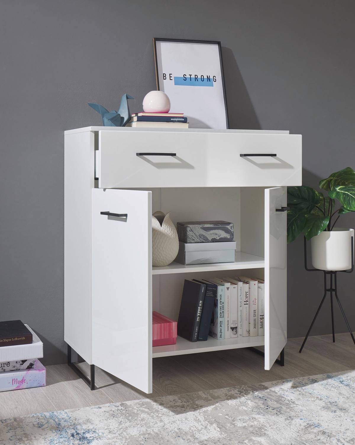 Kommode 80 cm Lecce, Weiß - Weiß Hochglanz/Schwarz, LIFESTYLE, Holzwerkstoff (80/93/40cm) - MID.YOU