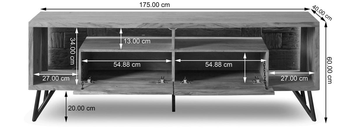 Lowboard Indira Akazie Massiv, B: 175 cm - Schwarz/Akaziefarben, ROMANTIK / LANDHAUS, Holz/Metall (175/60/40cm)