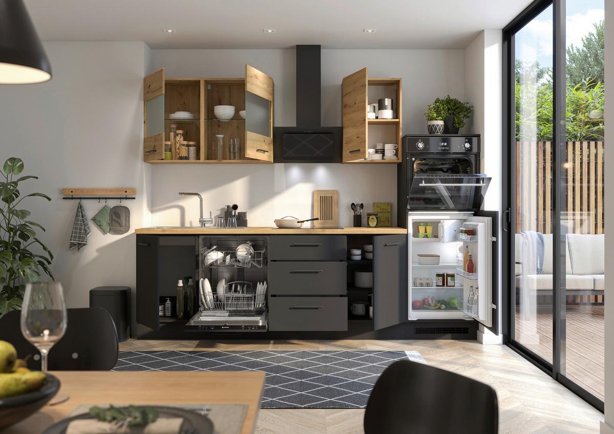 Küchenblock Capri Schwarz/Eiche Dekor B: 280 cm - Schwarz/Eiche Artisan, Basics, Glas/Holzwerkstoff (280cm) - MID.YOU