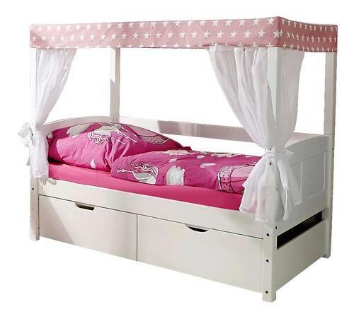 Detská posteľ s nebesami LINO MINI záves ružovo-biely - biela/ružová, Modern, drevo (80/160cm) - MID.YOU
