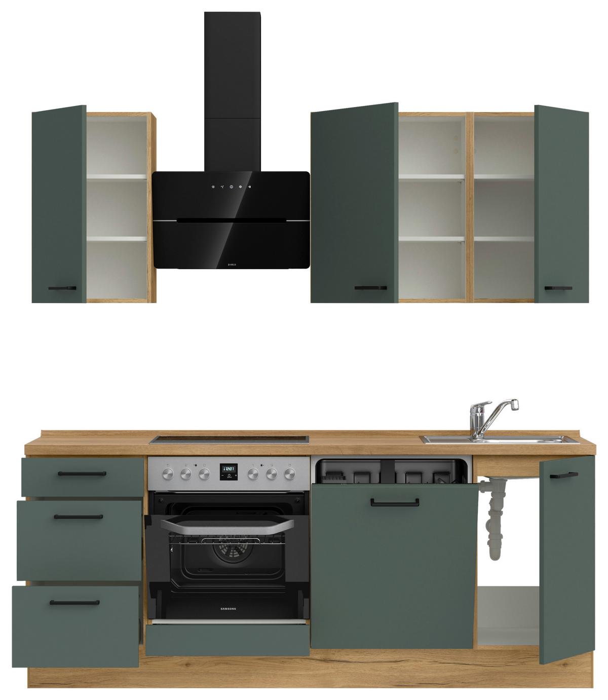 Kuchyňská linka 210 cm, minerální zelená,ultra matná - barvy dubu/černá, Moderní, kov/kompozitní dřevo (210cm) - Nobilia