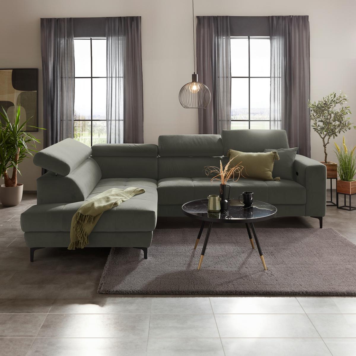 Rohová sedačka EMMA, levá, šedozelená,op.hl.,USB,el.výsuv - černá/šedozelená, Moderní, textil (210/301cm) - Premium Living