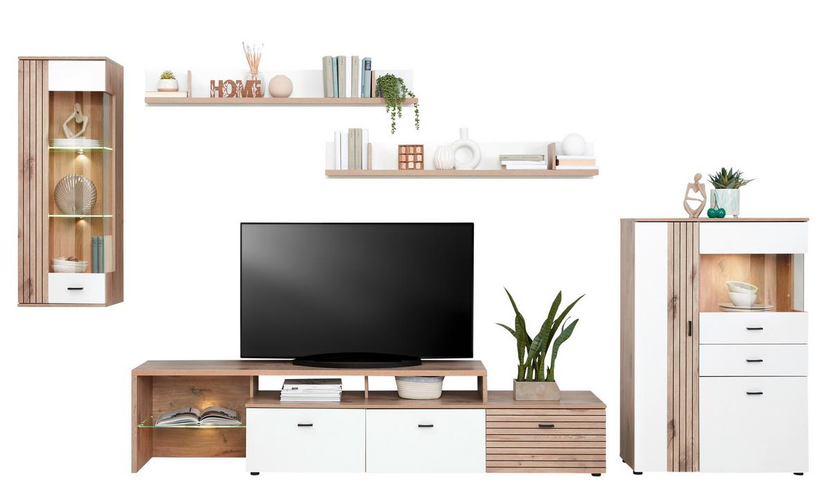 ZÁVĚSNÁ VITRÍNA LIVERPOOL - bílá/barvy dubu, Moderní, kov/kompozitní dřevo (45/129/38cm)