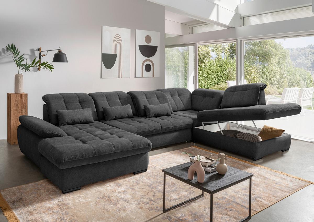 Wohnlandschaft Rigatti Mit Schlaffunktion Anthrazit - Anthrazit/Schwarz, MODERN, Textil (184/387/252cm) - Livetastic