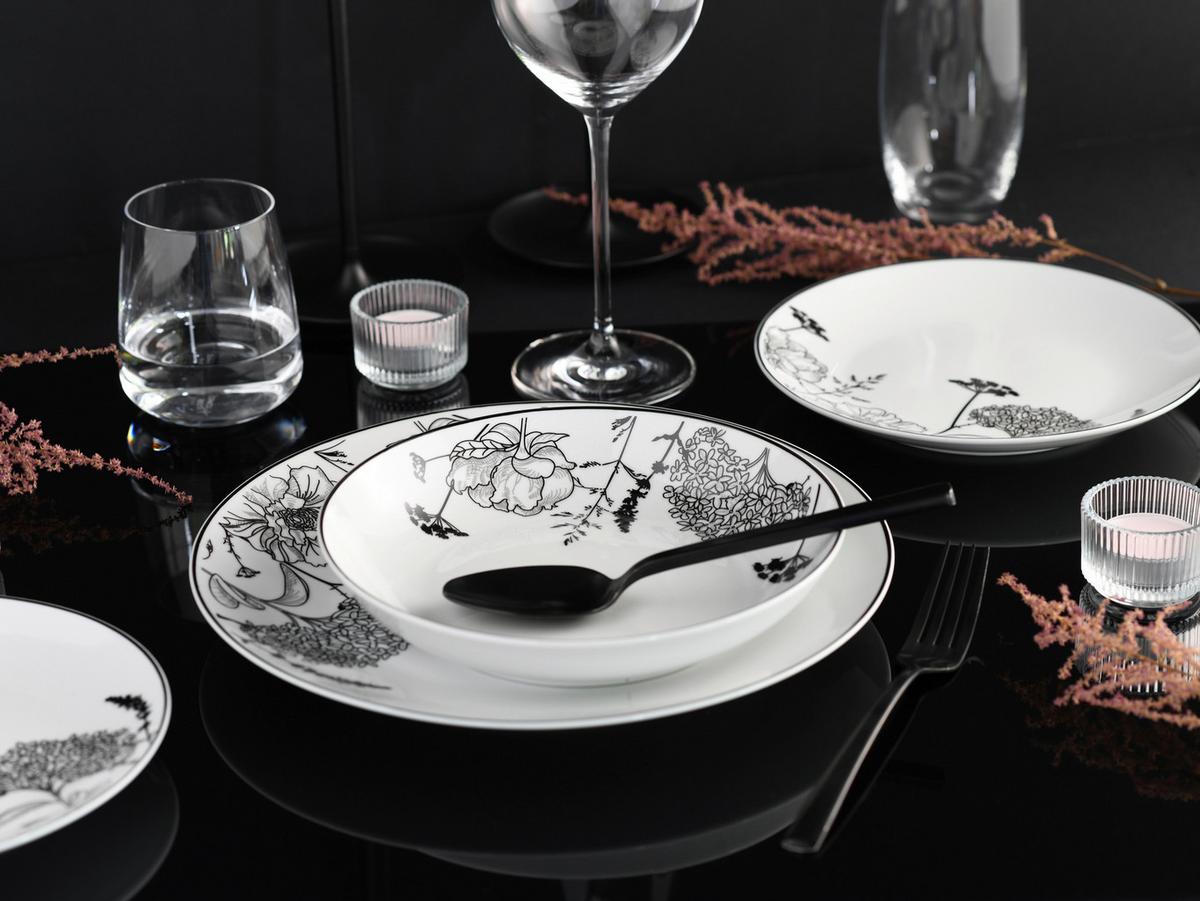 Tafelservice Luna Black Flower 18--Teilig., Schwarz, Grauweiß - Grauweiß/Schwarz, Basics, Keramik - Creatable