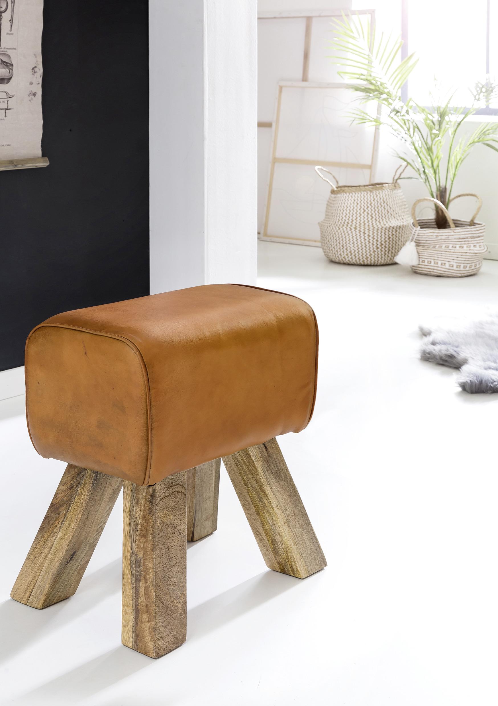 Taburetka Hocker pravá koža - hnedá, Natur, koža/drevo (40/47/30cm) - MID.YOU