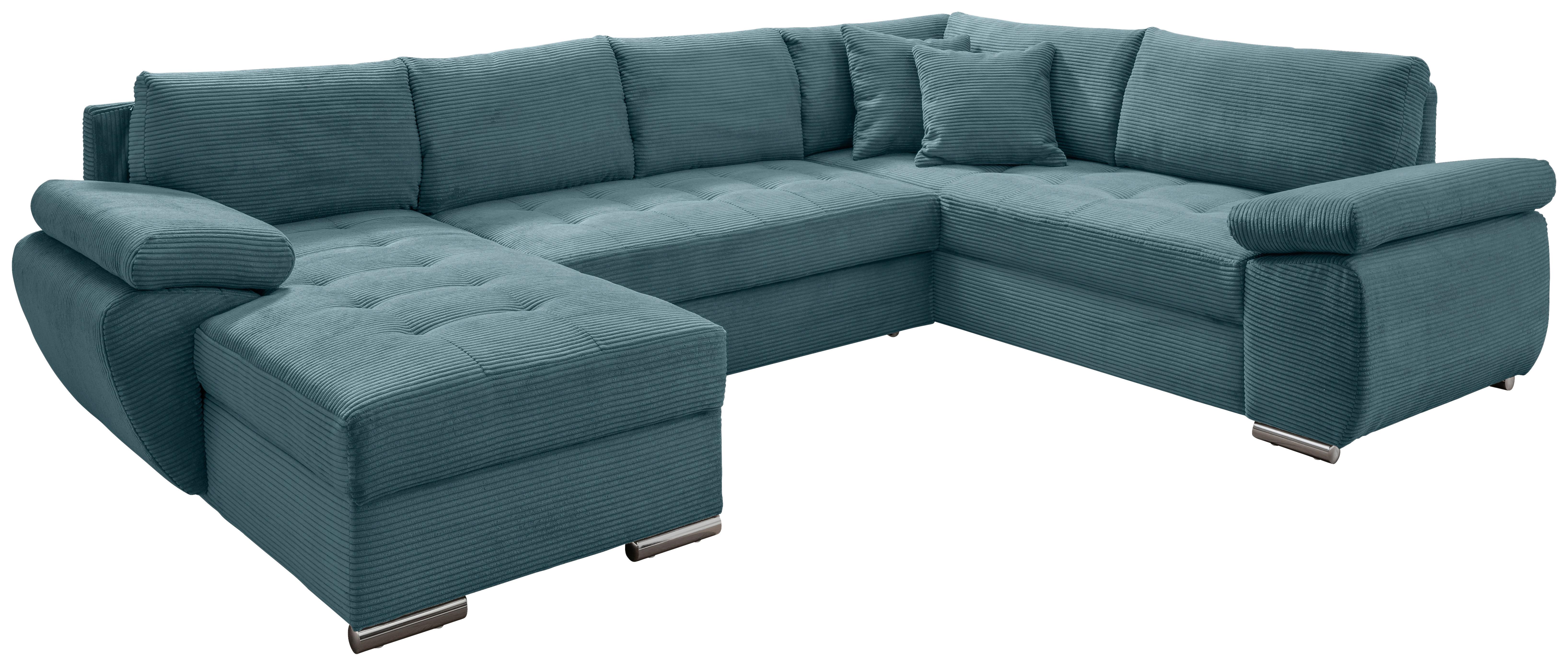 Wohnlandschaft Terana mit Schlaffunktion, Petrol - Chromfarben/Petrol, KONVENTIONELL, Textil (157/305/219cm) - Livetastic
