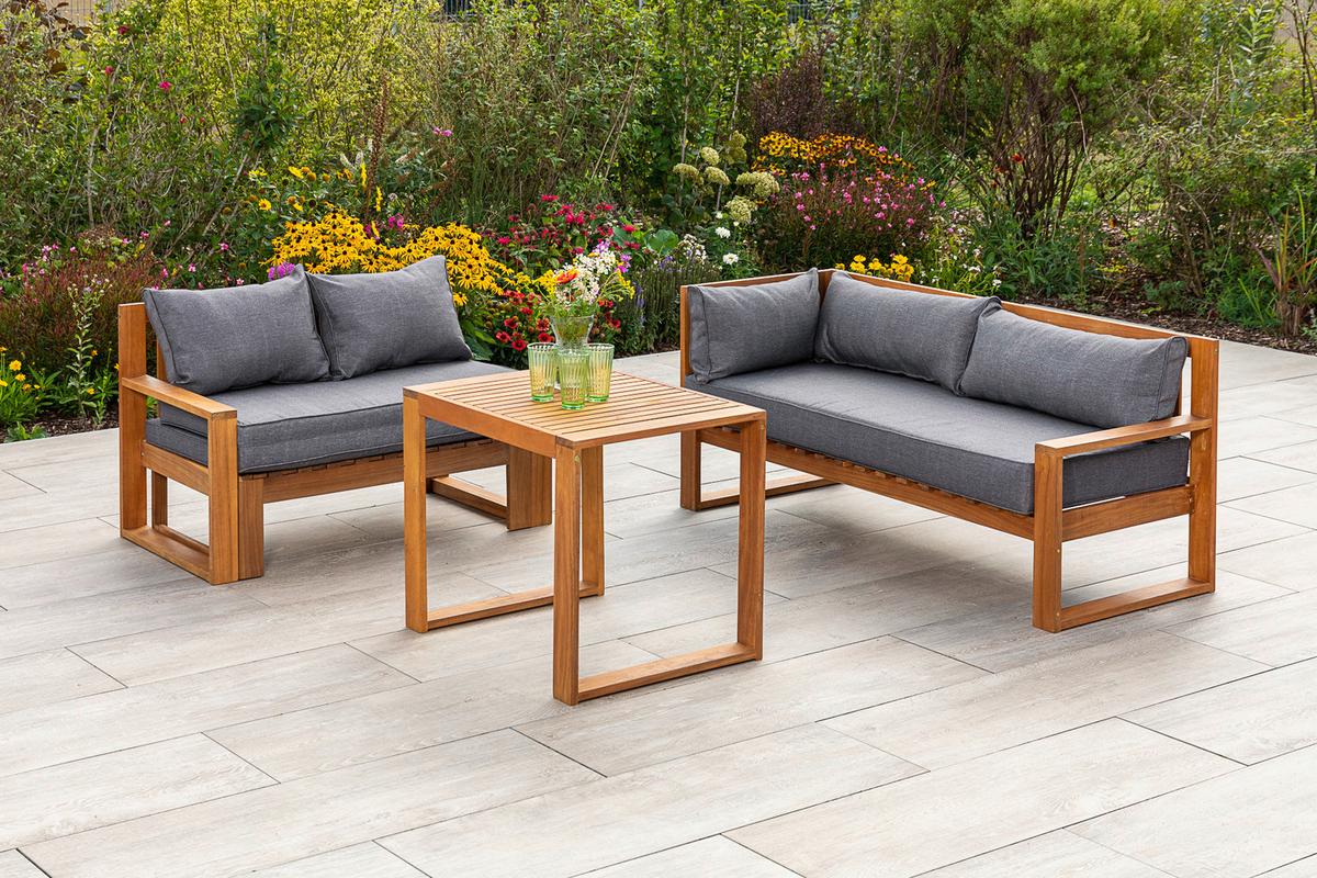 Loungegarnitur Merida Eckset - Naturfarben/Grau, MODERN, Holz (182/166/62,5cm) - Gardenson