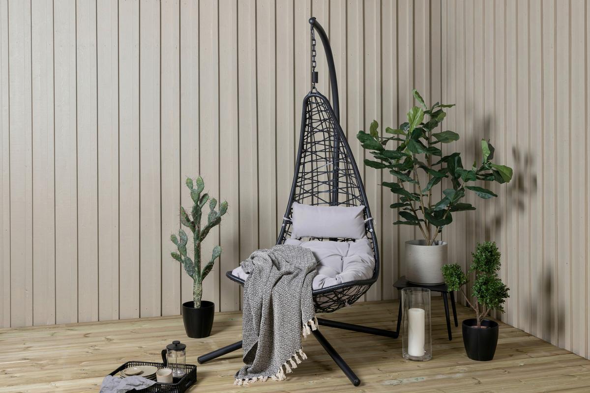 Hängesessel +gestell Edinburgh Mit Sitz- Und Rückenkissen - Schwarz/Grau, KONVENTIONELL, Kunststoff (132/205/130cm) - Gardenson