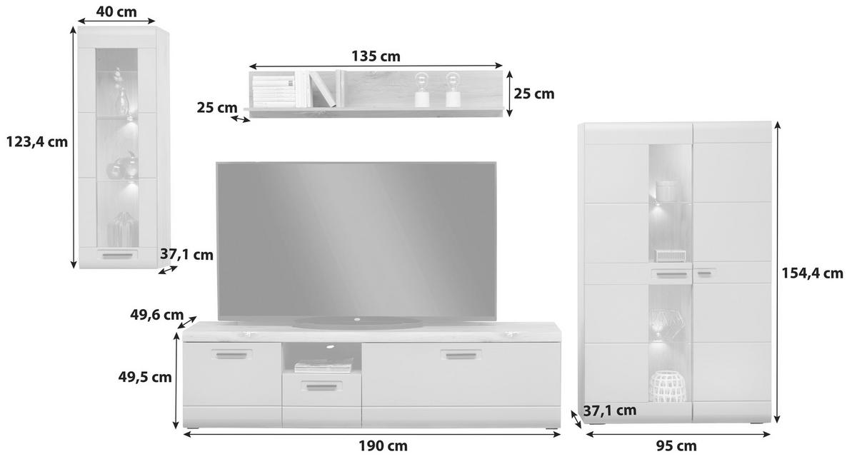 Wohnkombination Modern 4-tlg. Auris, Basalt/eiche Dekor - Grau, MODERN, Glas/Holzwerkstoff (325,3/204,2/49,6cm) - Luca Bessoni