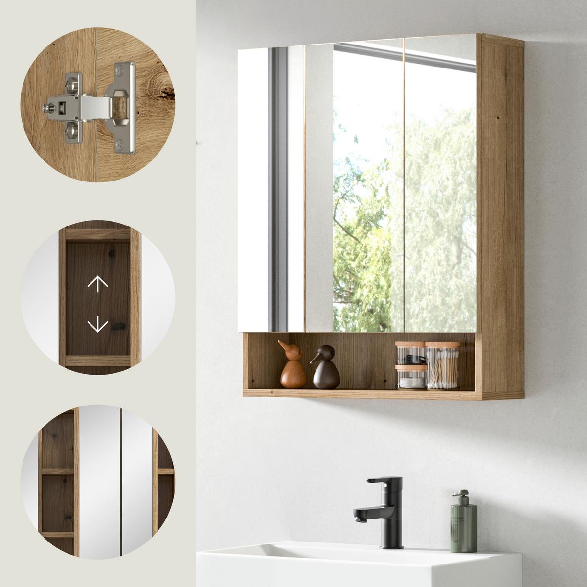 Spiegelschrank Aqua Eichefarben B: 60cm - Eichefarben, Trend, Glas/Holzwerkstoff (60/74/18cm) - MID.YOU
