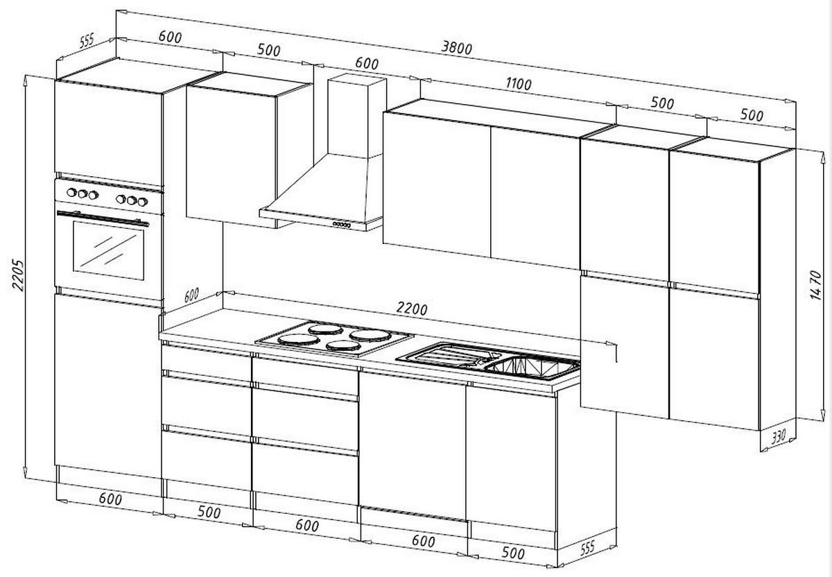 Küchenzeile Premium mit Geräten 380 cm Grau/Eiche Dekor - Eichefarben/Grau, Basics, Holzwerkstoff (380cm) - Respekta