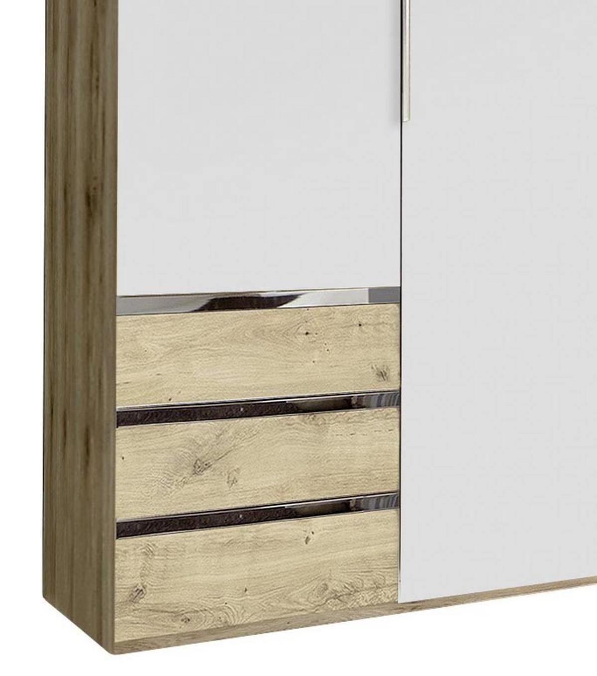 Drehtürenschrank Mit Spiegel + Laden 300cm Level 36a, Weiß - Eichefarben/Weiß, MODERN, Glas/Holzwerkstoff (300/216/58cm) - MID.YOU