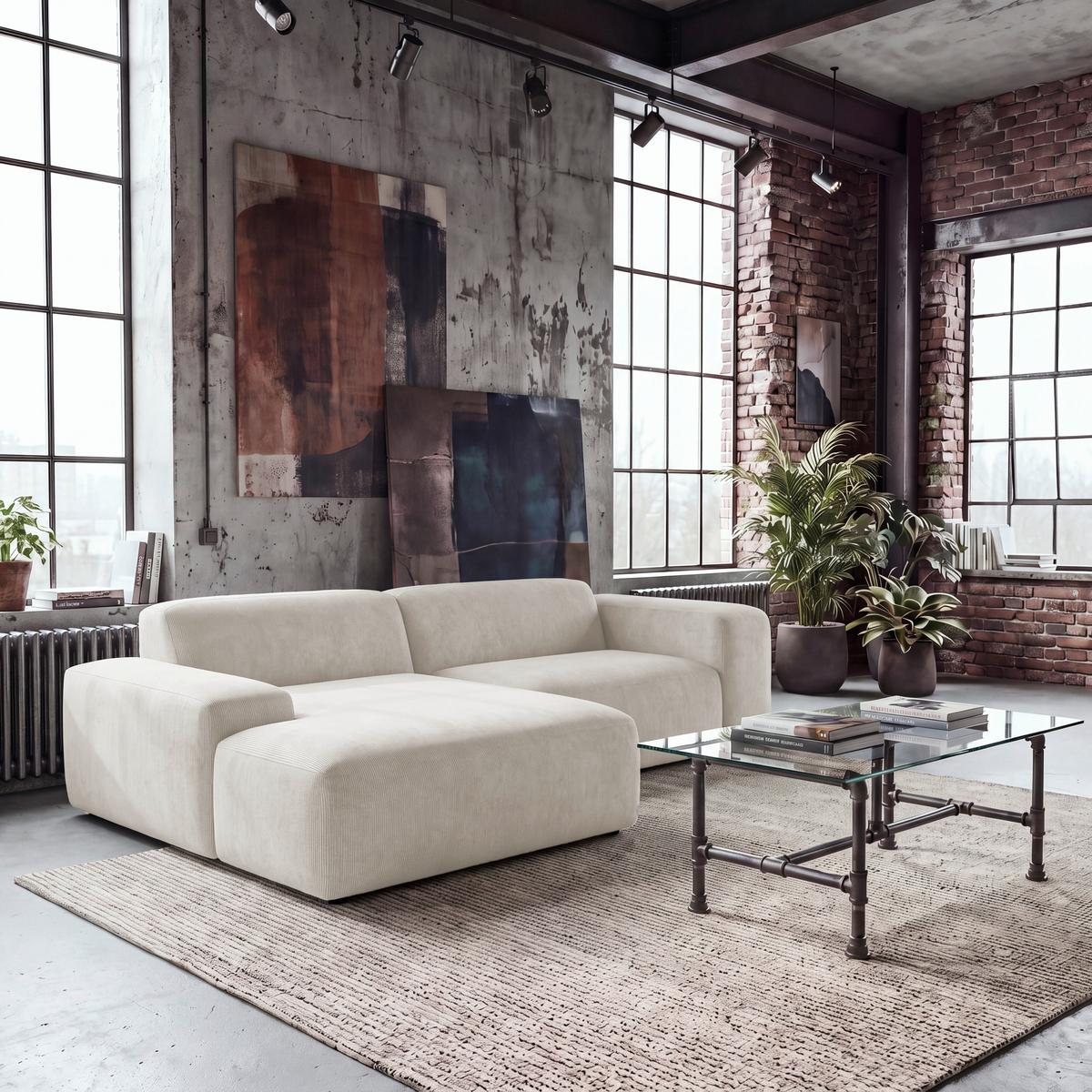ECKSOFA Hannah Creme 170x252 cm - Creme/Schwarz, Design, Textil (170/252cm) - MID.YOU
