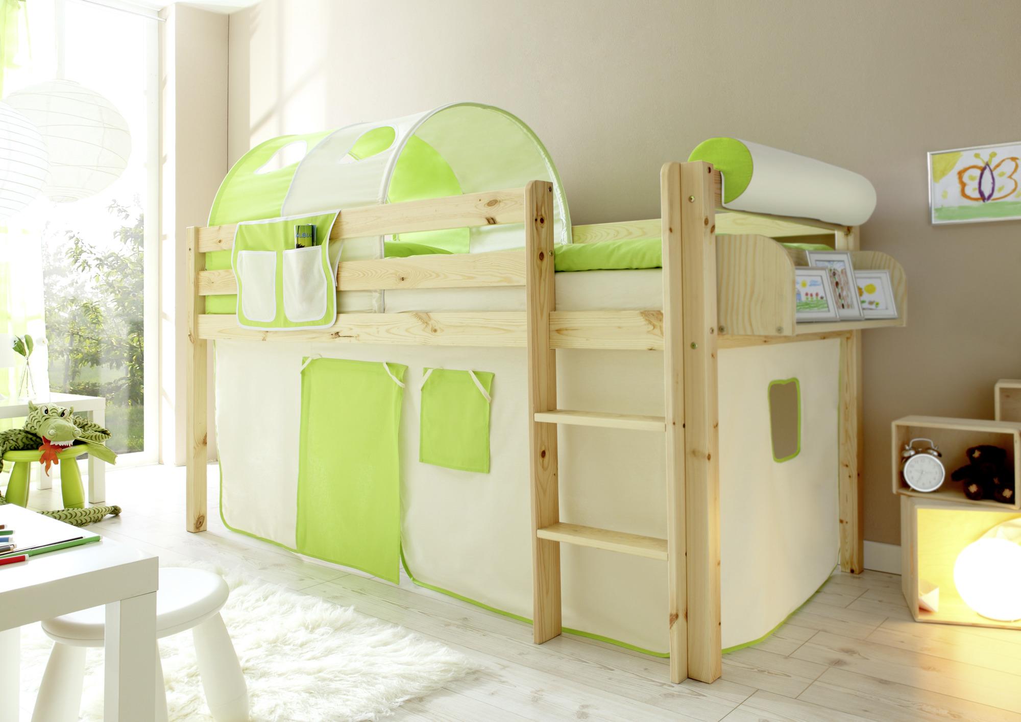 Spielbett Malte Grün/Beige Kiefer Massiv 90 cm Leiter - Beige/Naturfarben, Natur, Holz (90/200cm) - MID.YOU