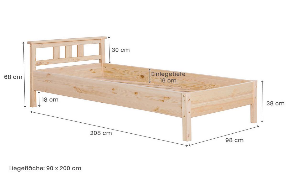 Massivholzbett 90x200 Merci Kiefer Natur - Kieferfarben, KONVENTIONELL, Holz (90/200cm) - MID.YOU