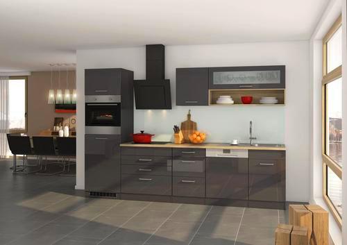 Küchenzeile Mailand mit Geräten 300 cm Anthrazit Hochglanz - Eichefarben/Anthrazit, MODERN, Holzwerkstoff (300cm) - Held
