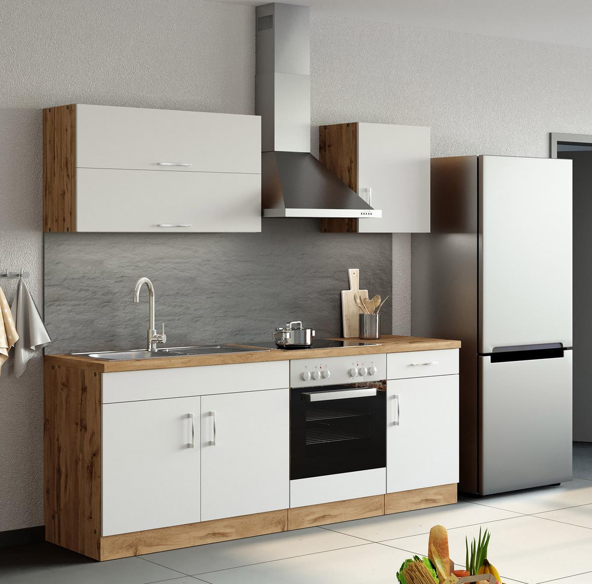 Küchenzeile Sorrento ohne Geräte 210 cm Weiß/Eiche Dekor - Eichefarben/Eiche Wotan, MODERN, Holzwerkstoff (210cm) - Held