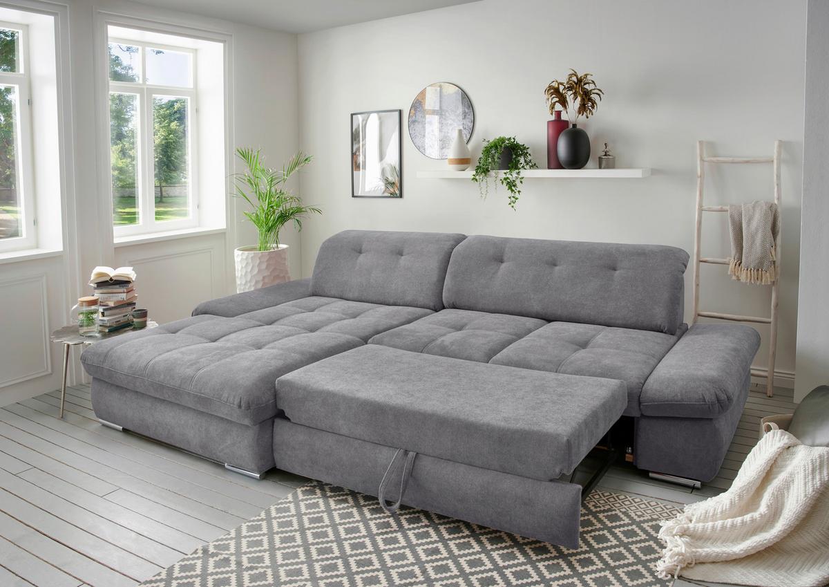 Ecksofa Dalida Dunkelgrau S: 196x300cm - Chromfarben/Dunkelgrau, Design, Textil (196/300cm) - Livetastic