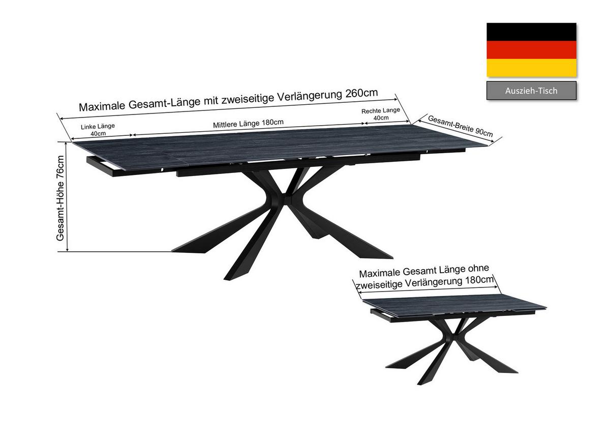 Esstisch Hamar Schwarz L: 180-220 cm - Schwarz, MODERN, Stein/Metall (180/220/90/76cm) - P & B