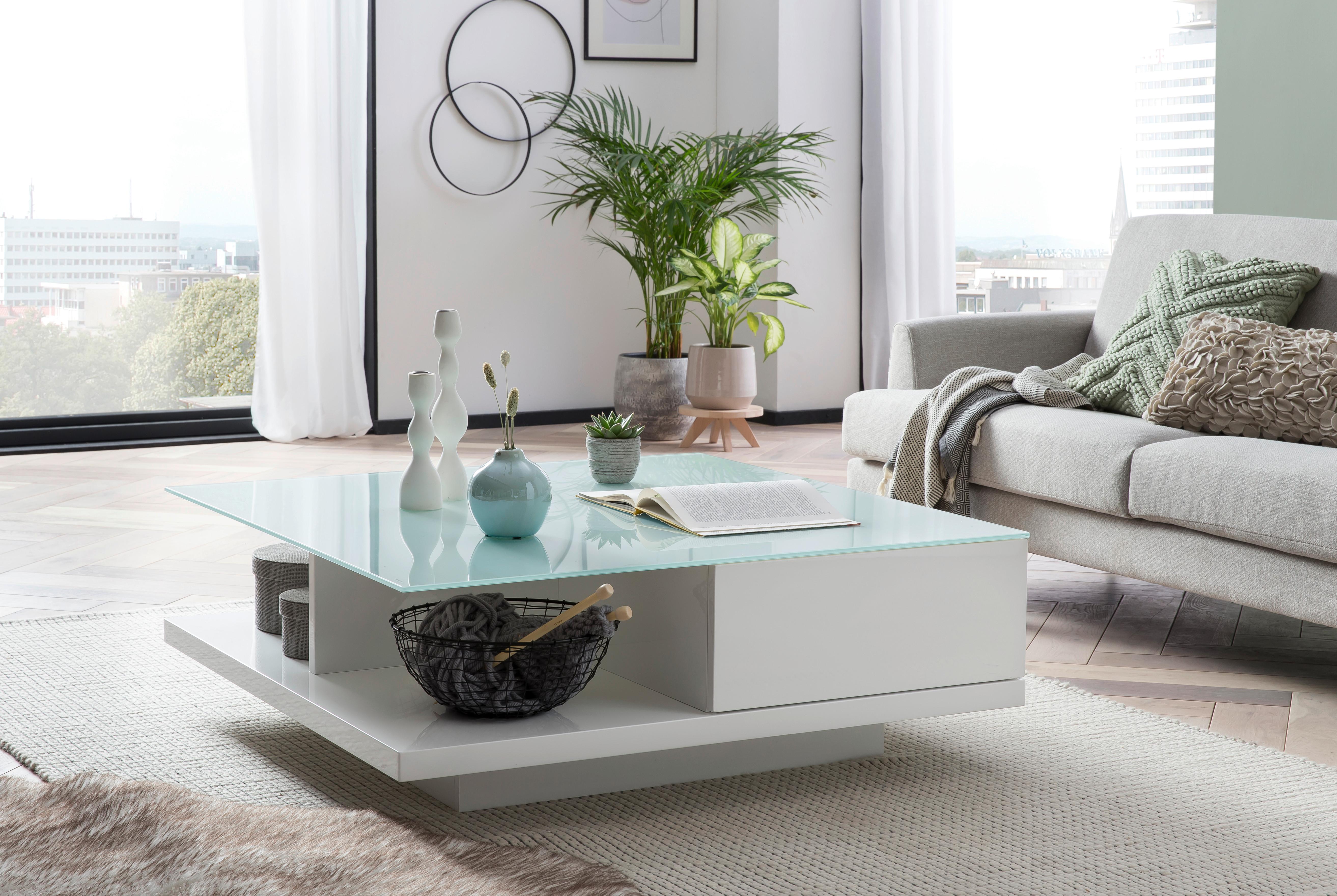 Couchtisch Weiß Hochglanz L: 100 cm - Weiß Hochglanz/Weiß, Design, Glas/Holzwerkstoff (100/100/36cm) - Livetastic