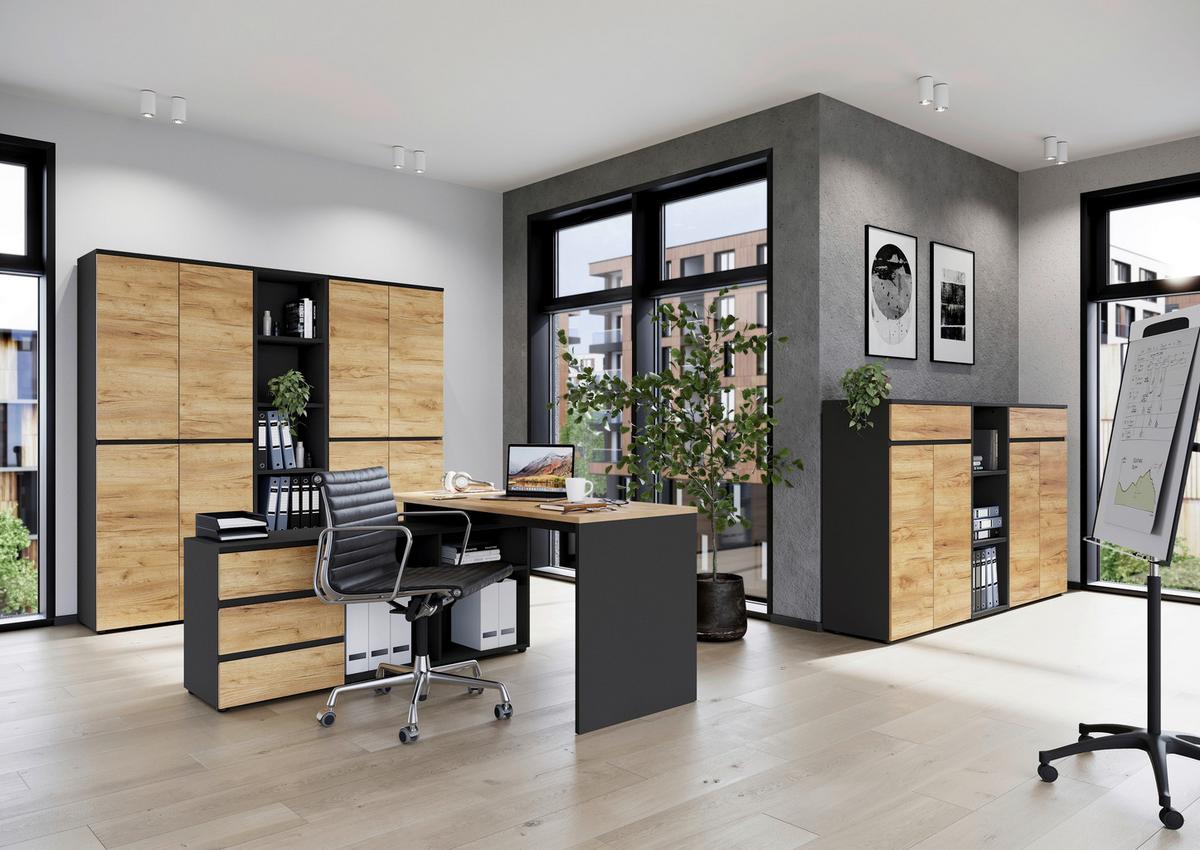 Eckschreibtisch Mit Stauraum B 146 Cm H 75 Cm Lissabon - Eichefarben/Graphitfarben, MODERN, Holzwerkstoff (146/75/145cm) - Germania