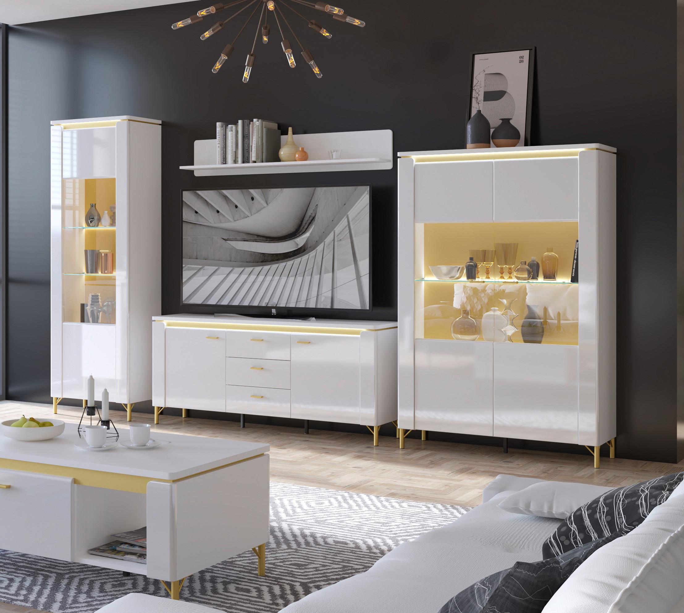 Wohnwand Lazio Weiß/Goldfarben B: 332 cm - Weiß Hochglanz/Goldfarben, Trend, Glas/Holzwerkstoff (332/201,2/40cm)
