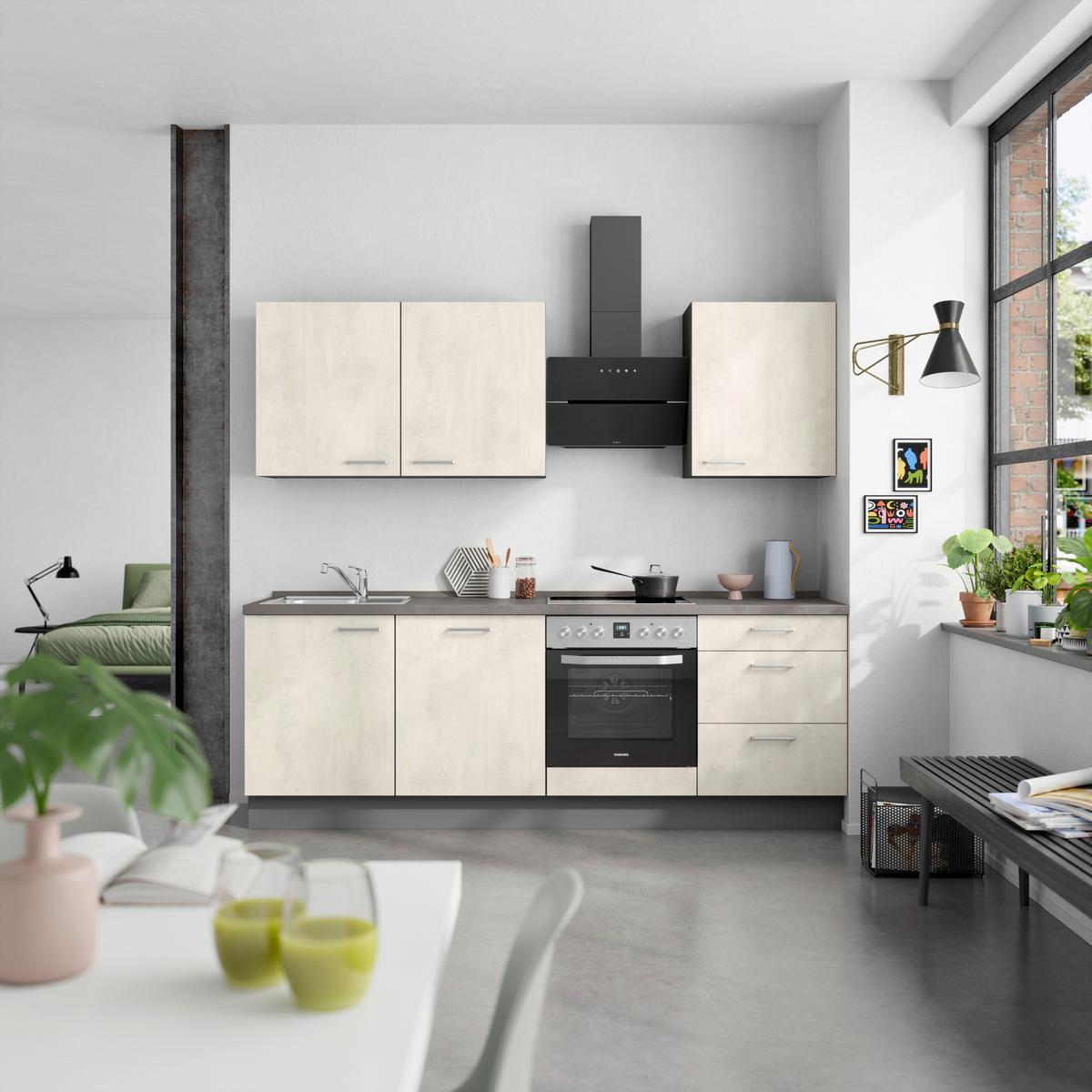 Kuchynská linka 240CM biely betón/ bridlicová šedá - biela/farba ušľachtilej ocele, Modern, kov/kompozitné drevo (240cm) - Nobilia