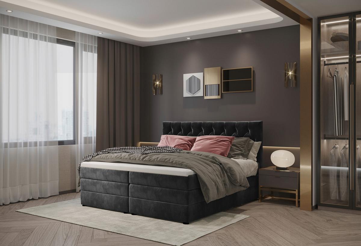 Boxspringbett Elio Schwarz 180x200 Cm H2 - Schwarz, ROMANTIK / LANDHAUS, Textil (184/121/212cm) - James Wood