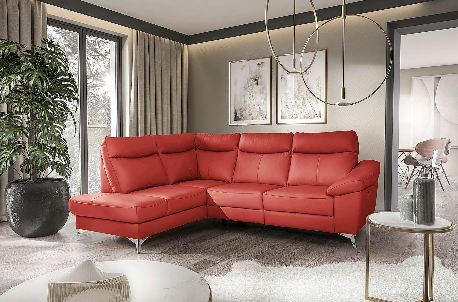 Ecksofa Luna Teilleder rot 194x242 - Chromfarben/Rot, Design, Leder/Textil (194/242cm) - Livetastic