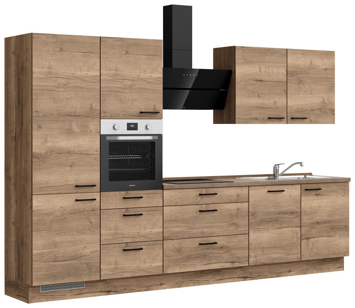 Kuchyňská linka 330 cm, dekor dub Havanna - černá/tmavý dub, Moderní, kov/kompozitní dřevo (330cm) - Nobilia