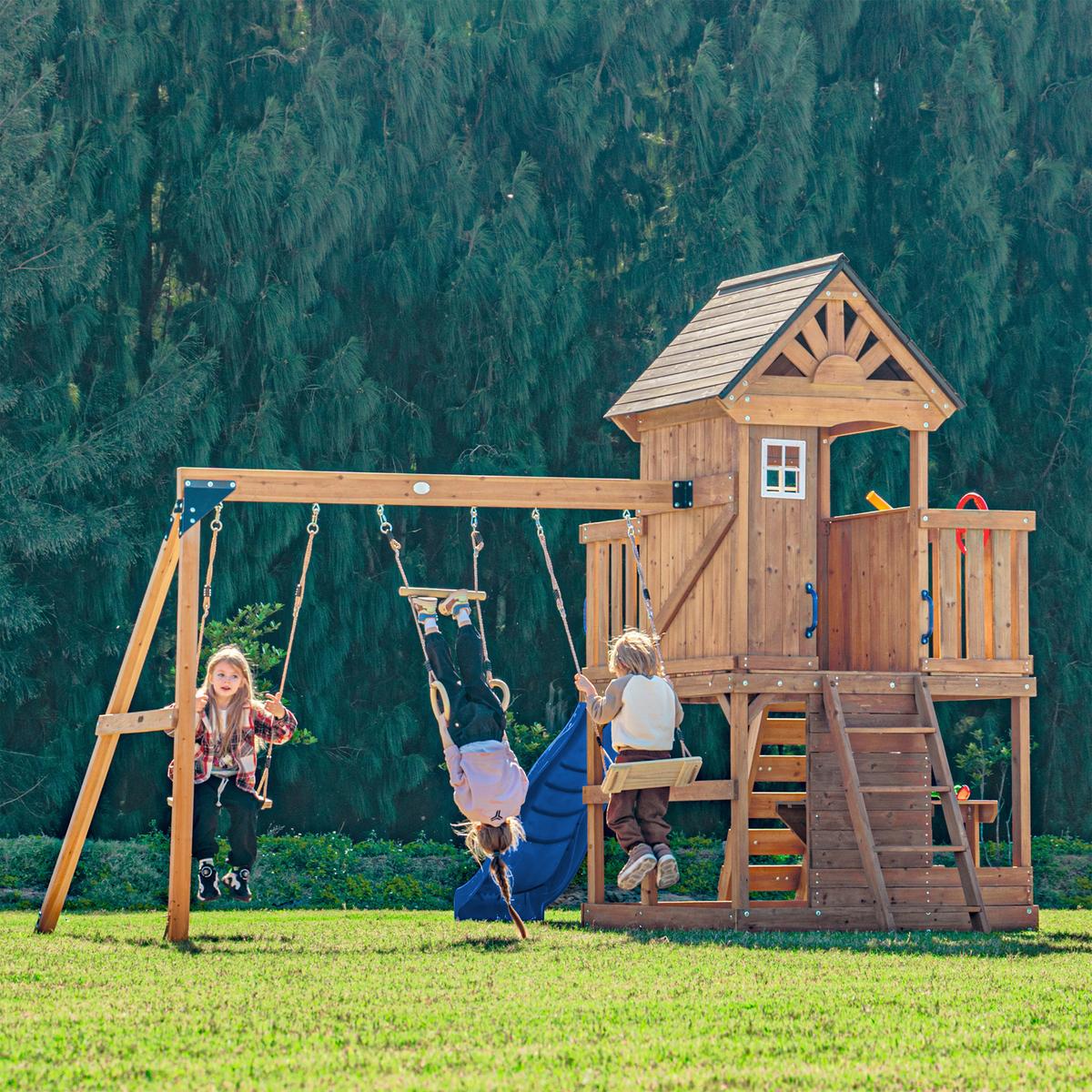 Spielturm mit Rutsche Blau - Blau/Anthrazit, Basics, Holz/Kunststoff (435/410/305cm) - Ambia Garden