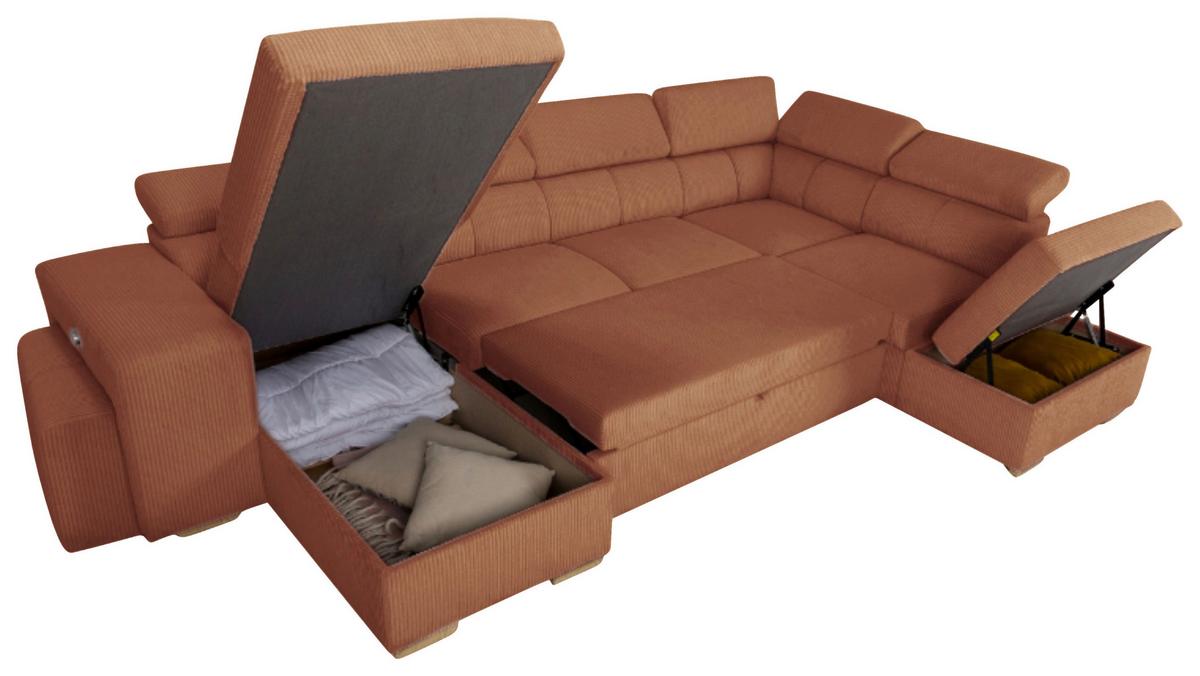 Schlafsofa mit Bettkasten Sirius XL,terracotta,219x334cm - Eichefarben/Terracotta, KONVENTIONELL, Holz/Holzwerkstoff