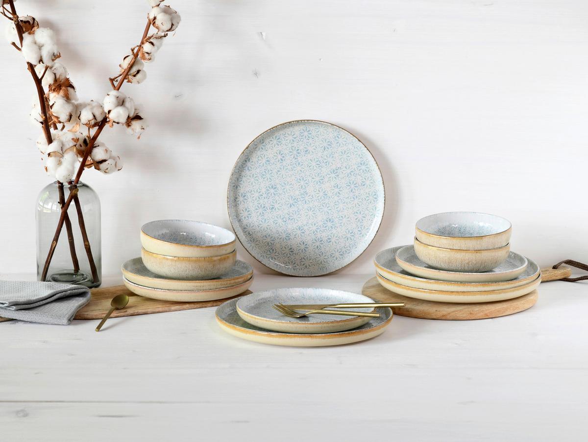 Tafelservice Uno Emiliana 12--Teilig., Creme, Hellblau - Creme/Hellblau, Basics, Keramik - Creatable