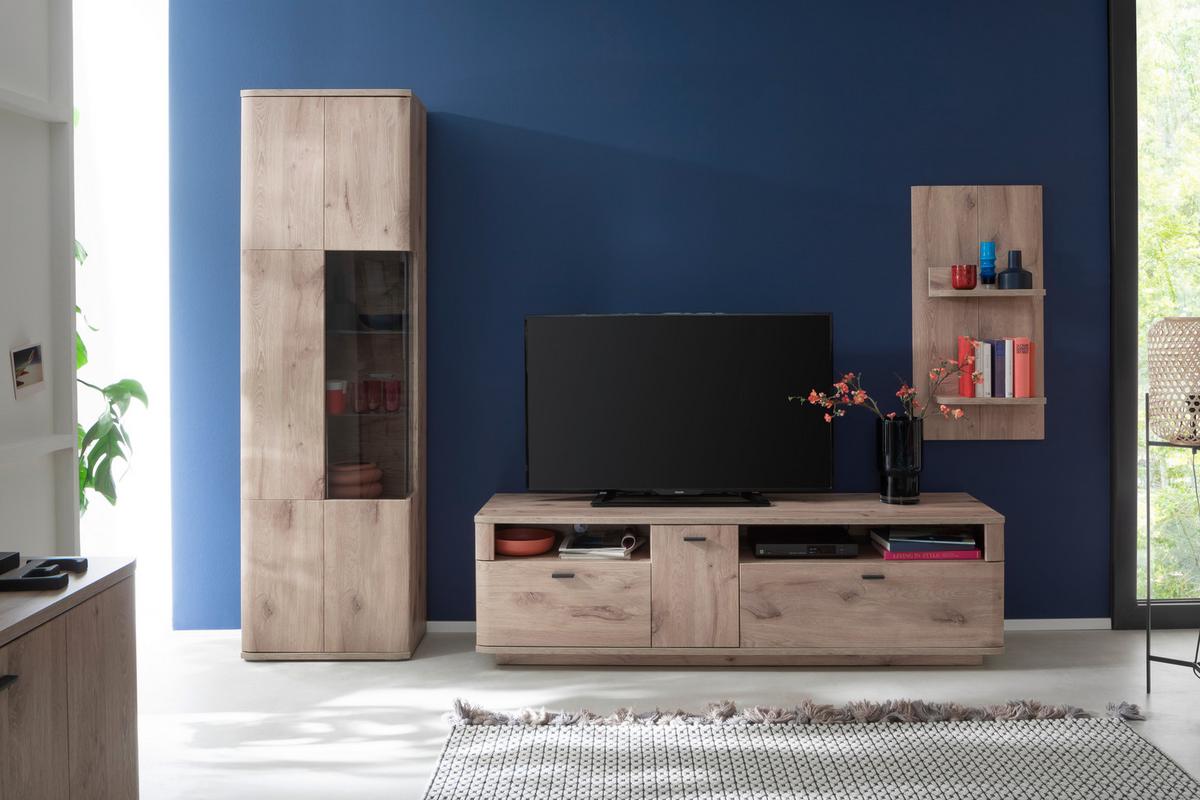 Wohnwand Prato Eiche Dekor B: 270 cm - Eichefarben, Design, Glas/Holzwerkstoff (270/199/50cm) - MID.YOU