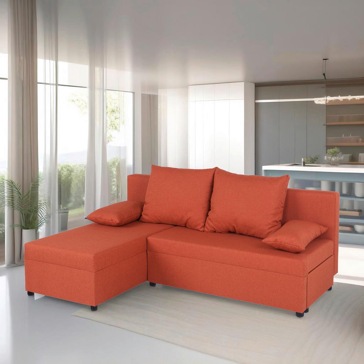 Rohová sedačka JON,oranžová, oboustranná,lůžko,úl.prostor - oranžová/černá, Design, kompozitní dřevo/textil (147/195cm) - P & B