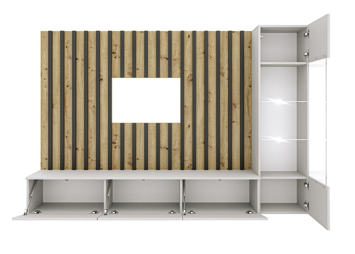 Obývacia stena LAMEL - čierna/sivá, Design, kompozitné drevo/sklo (220/148/35cm) - MID.YOU