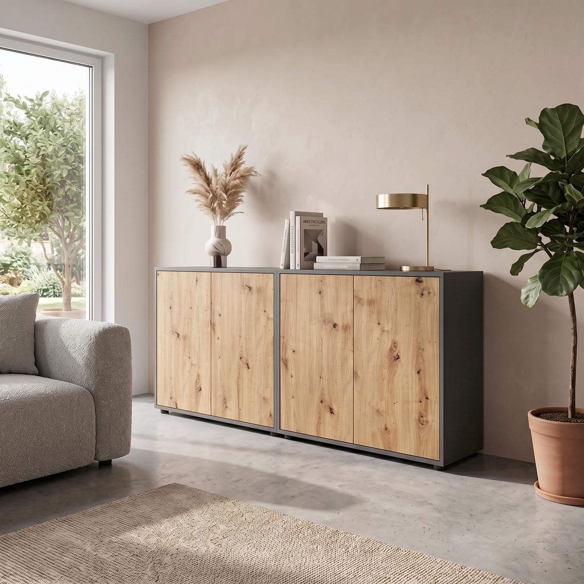 SIDEBOARD Mailand2B: 158cm Eiche Artisan - Anthrazit/Schwarz, MODERN, Holzwerkstoff (158/73/33cm) - MID.YOU