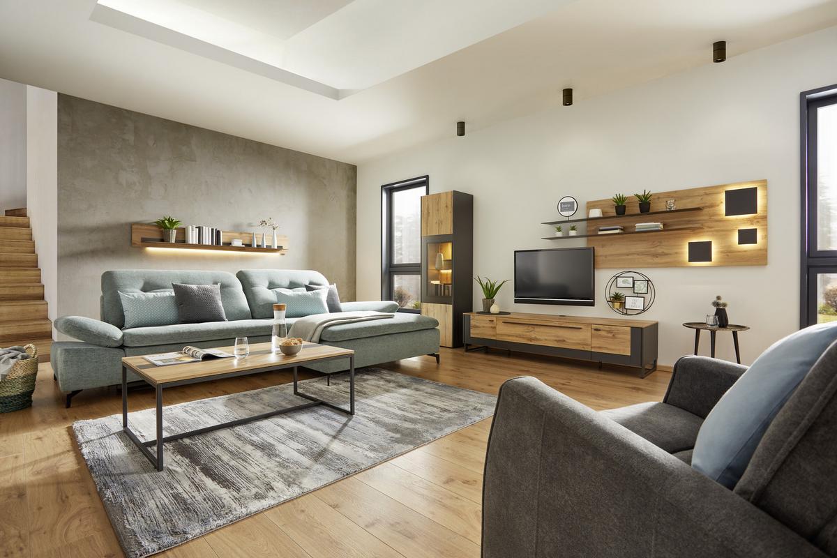 NÁSTĚNNÁ POLICE SKAGEN - černá/barvy dubu, Moderní, kov/kompozitní dřevo (197/27/22cm) - Premium Living